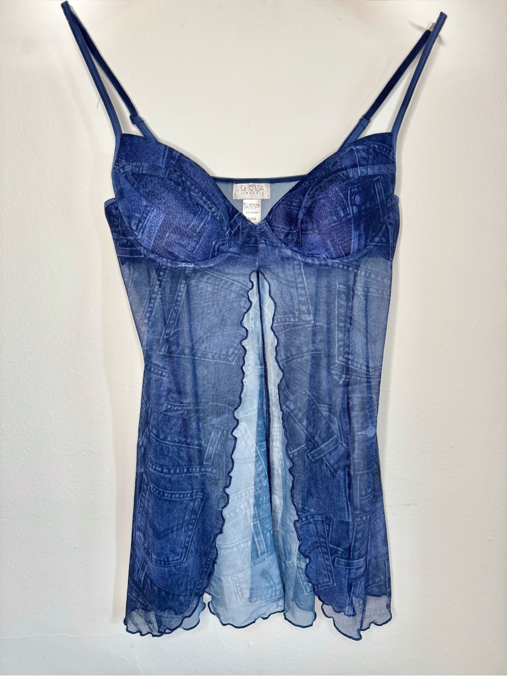 Mesh denim print butterfly lingerie top